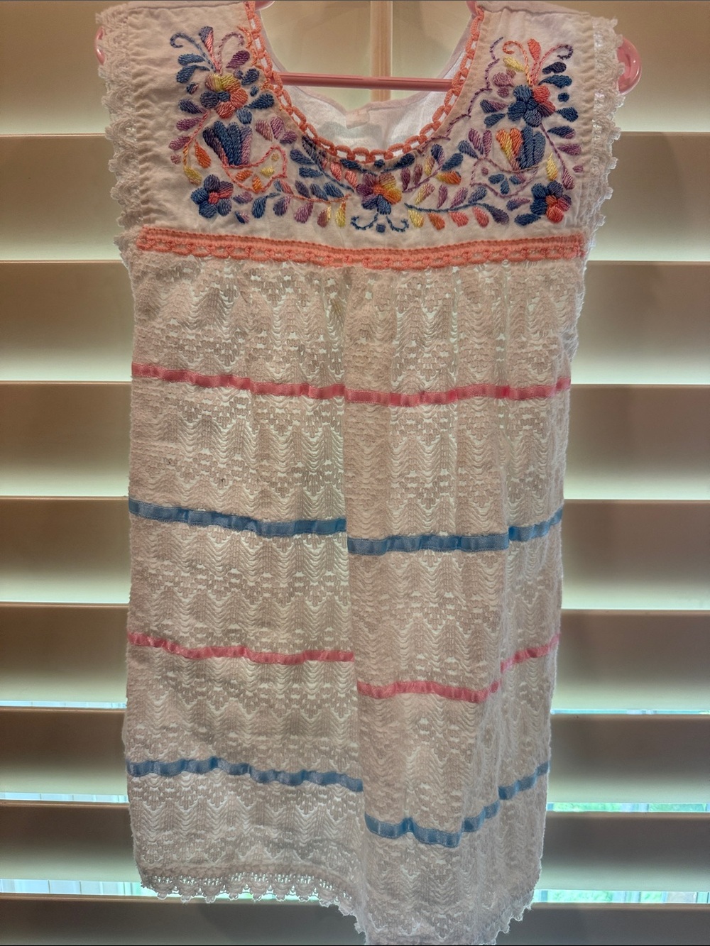 Mexican tradition White Girls' Embroidered Summer Dress with Pink & Blue Accents